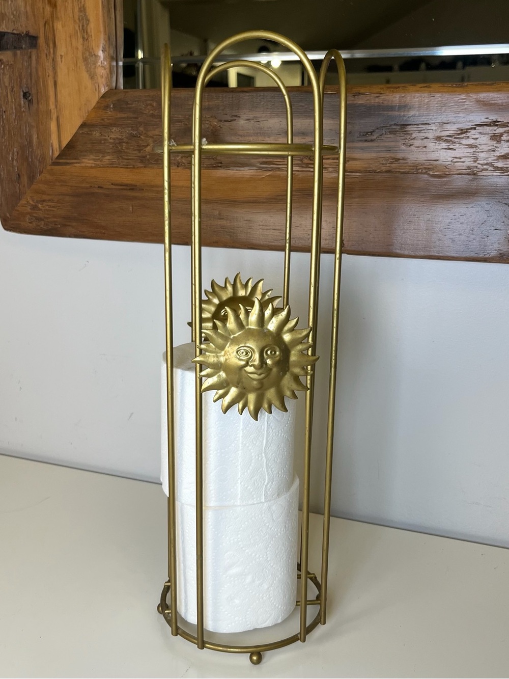 VTG 90’s Gold Celestial Sun Face Toilet Paper Holder Stand Metal 17” Bath Decor